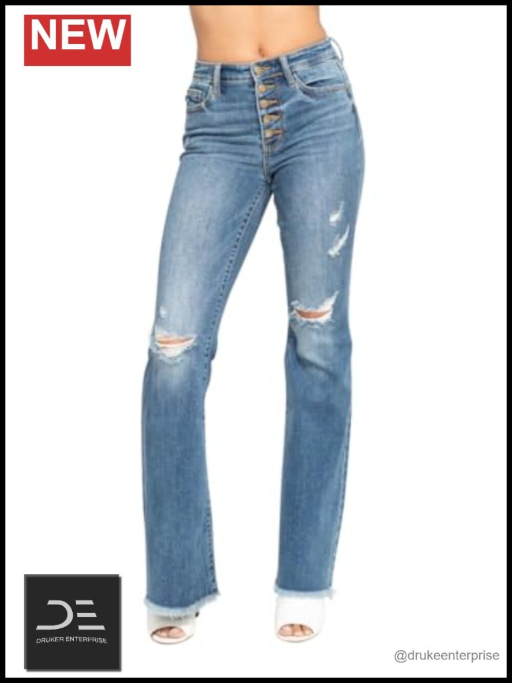 Mid Rise Button Fly Flare Jeans with Destroy Fray Hem